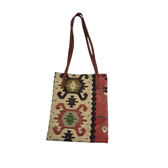 Vtg Turkish carpet kilim leather strap tote bag made in turkey - Picture 1 of 7